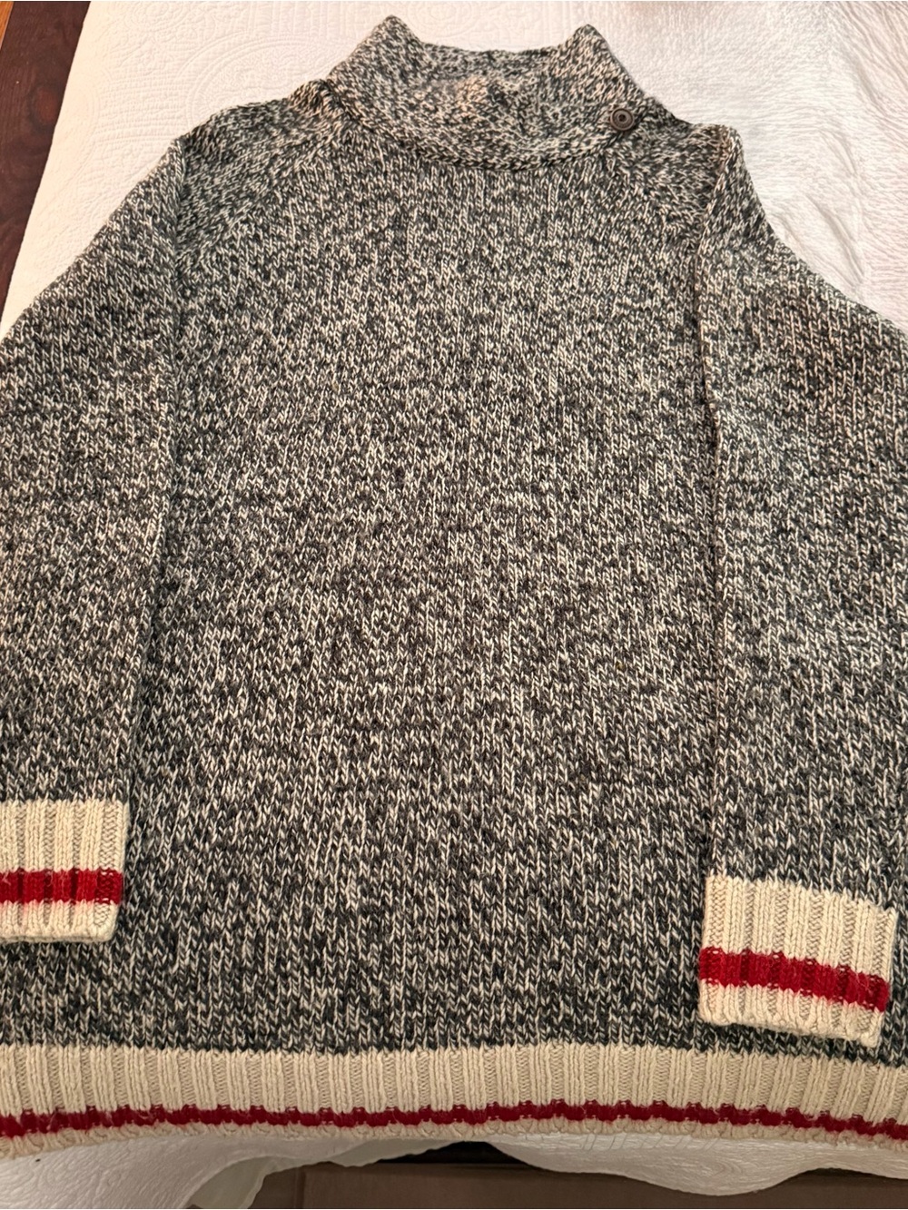 Roots Women's Gray Marled Turtleneck Sweater with Cream and Red Trim